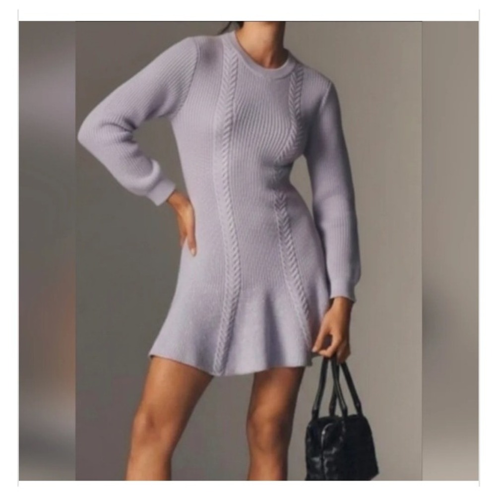 Anthropologie Lavender Cable Knit Sweater Dress Purple Mini Flare Boho M